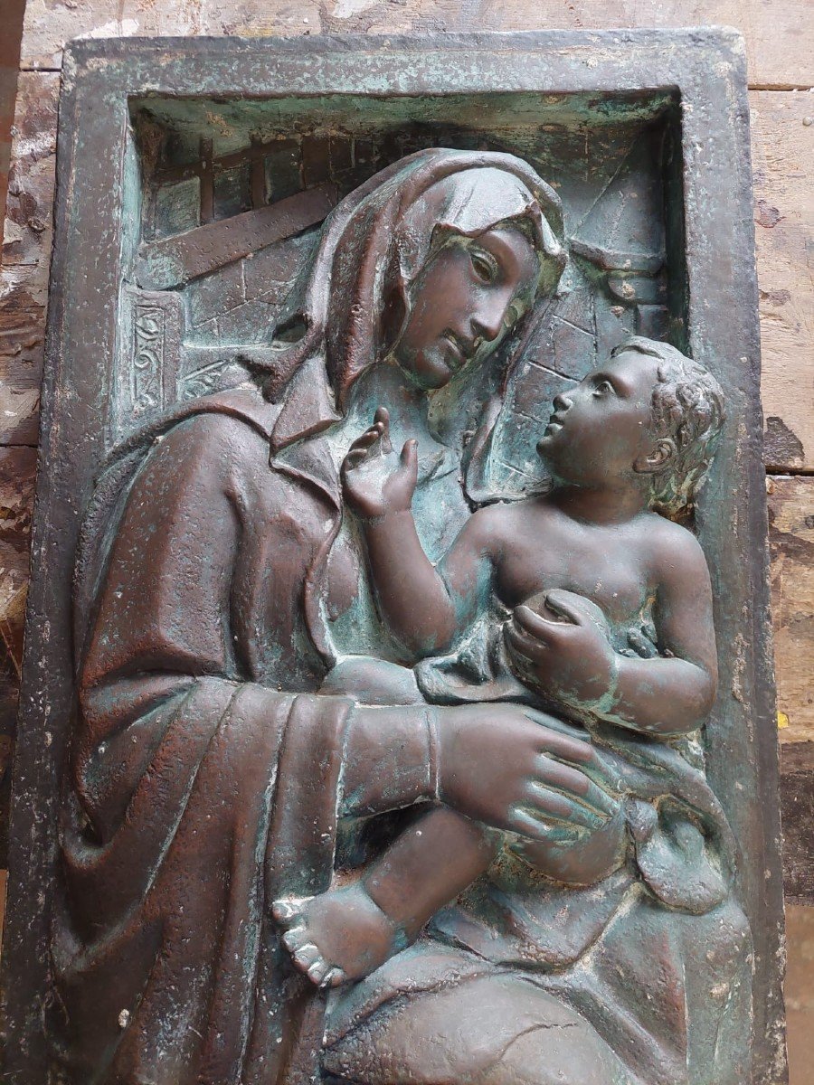Grande altorilievo in bronzo -Targa fine XIX secolo-Madonna con bambino-photo-8