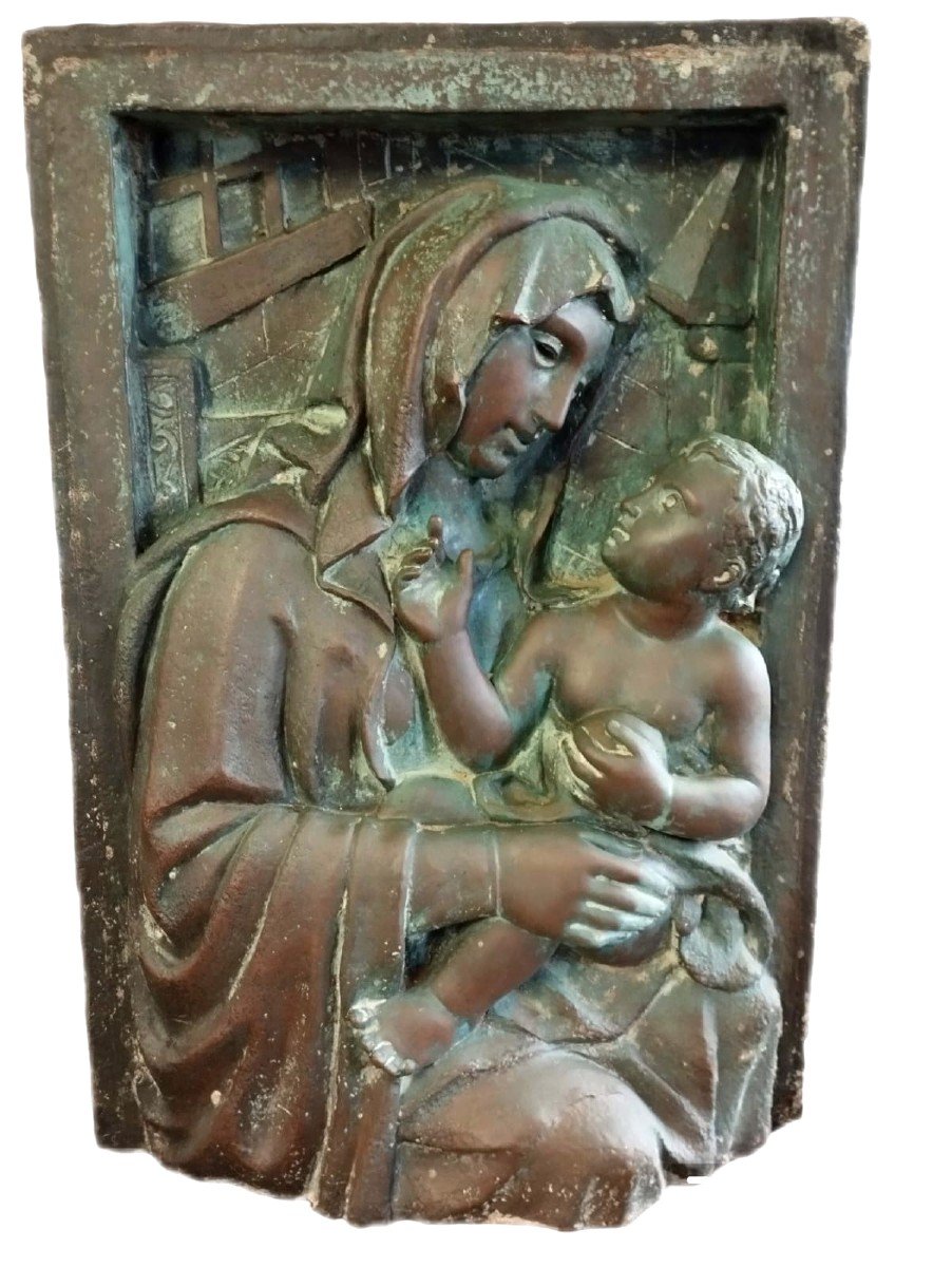Grande altorilievo in bronzo -Targa fine XIX secolo-Madonna con bambino