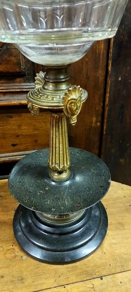 Coppia antichi lumi a petrolio in bronzo dorato Marmo XIX secolo Vetro Opalina-photo-4