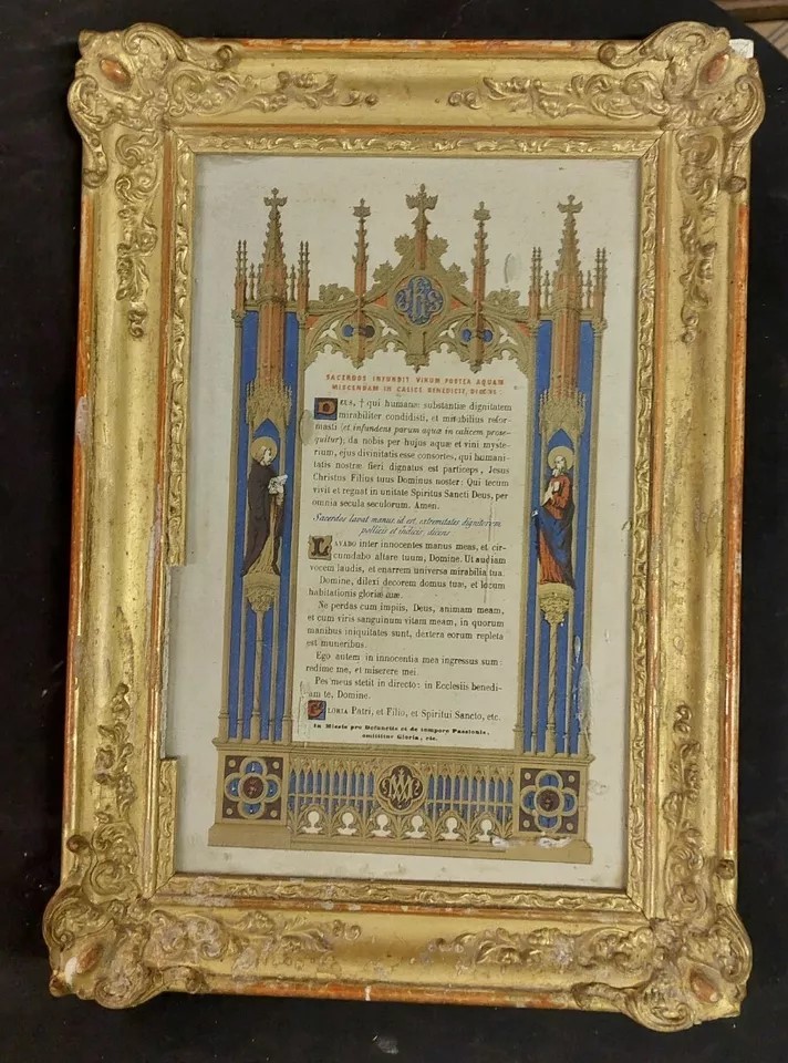 Coppia cornici legno dorato con preghiere dipinte a mano ,XIX secolo Francia-photo-2