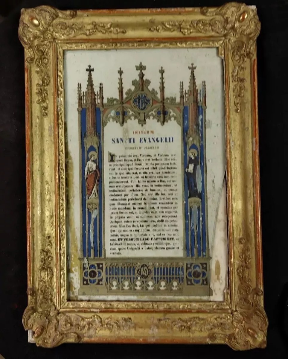 Coppia cornici legno dorato con preghiere dipinte a mano ,XIX secolo Francia-photo-3