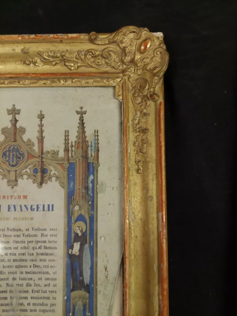 Coppia cornici legno dorato con preghiere dipinte a mano ,XIX secolo Francia-photo-4