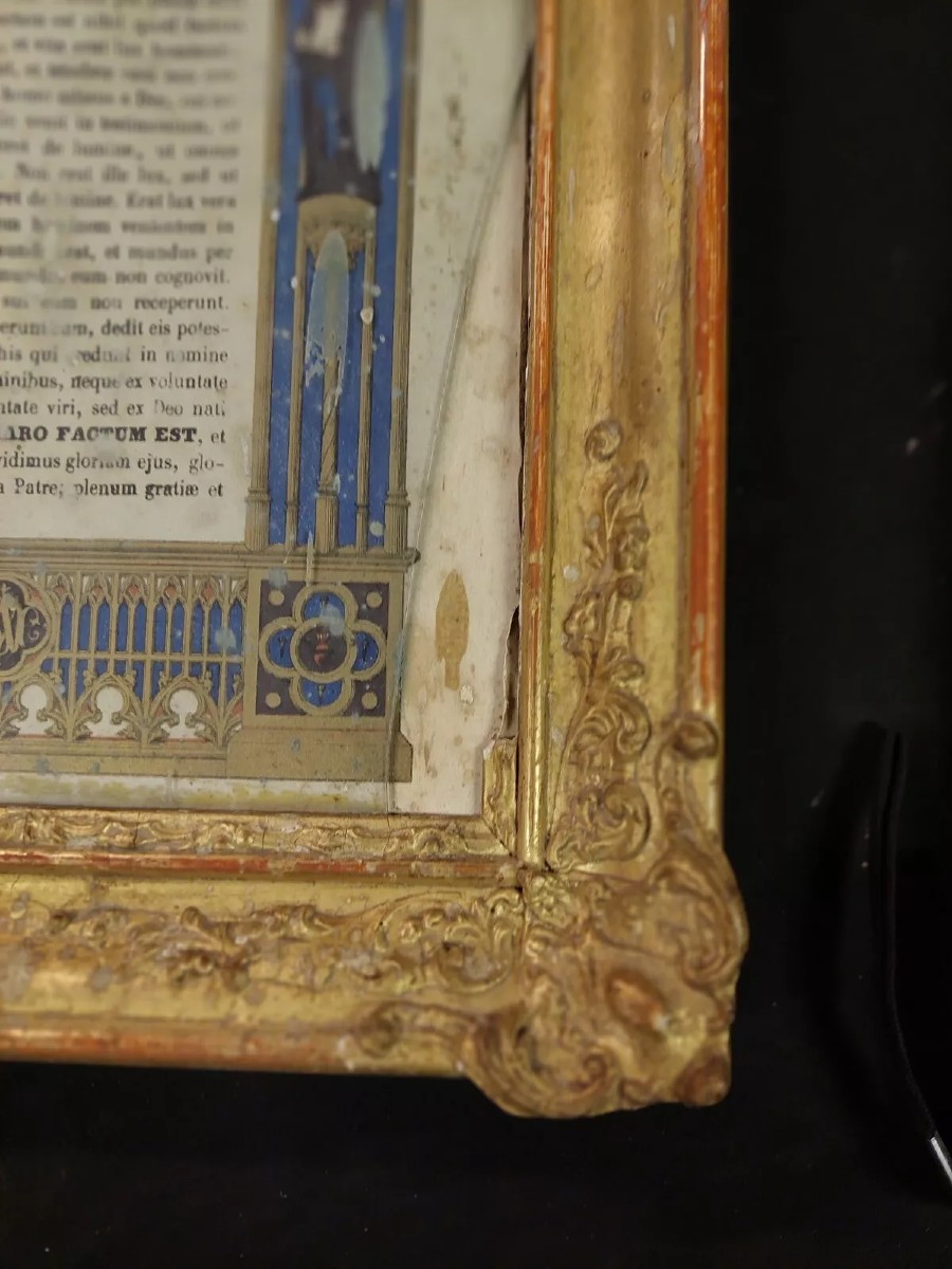 Coppia cornici legno dorato con preghiere dipinte a mano ,XIX secolo Francia-photo-5