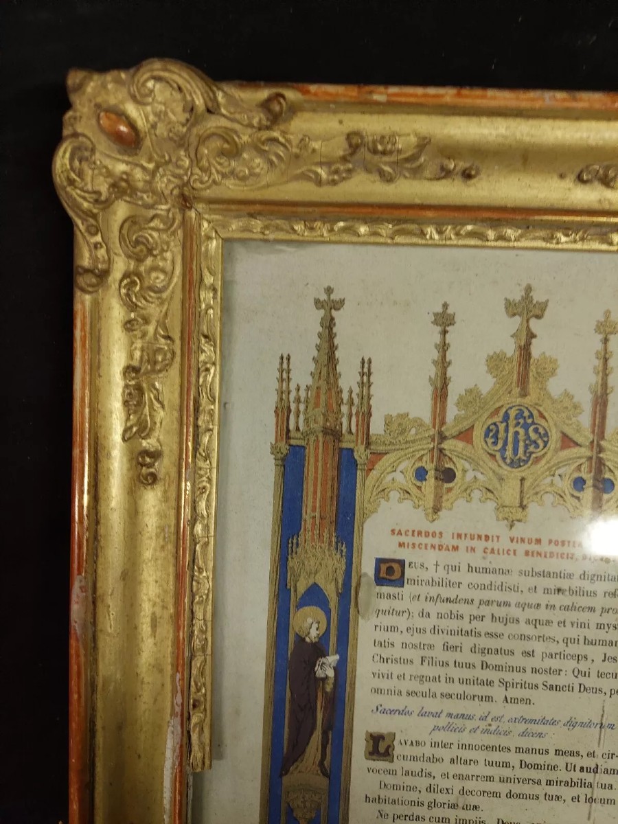 Coppia cornici legno dorato con preghiere dipinte a mano ,XIX secolo Francia-photo-6