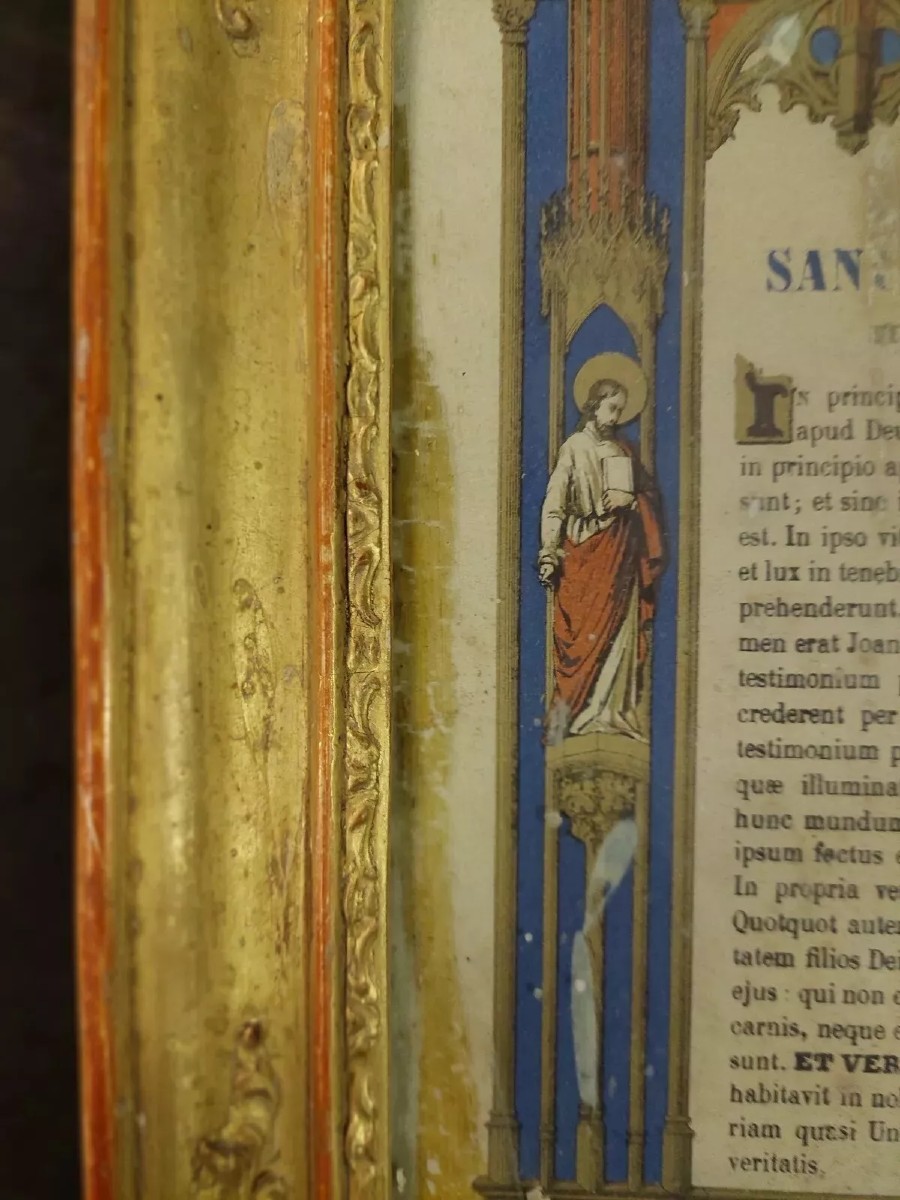 Coppia cornici legno dorato con preghiere dipinte a mano ,XIX secolo Francia-photo-7