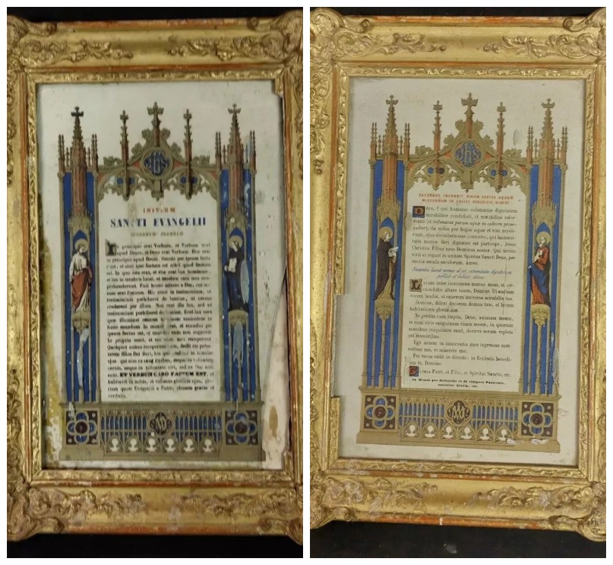 Coppia cornici legno dorato con preghiere dipinte a mano ,XIX secolo Francia