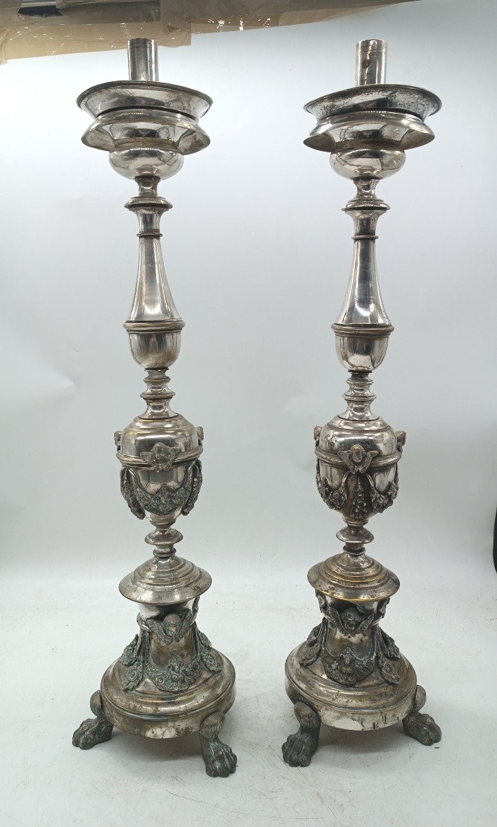 Coppia di candelieri in bronzo argentato stile impero primi 800 h.70 cm-photo-2