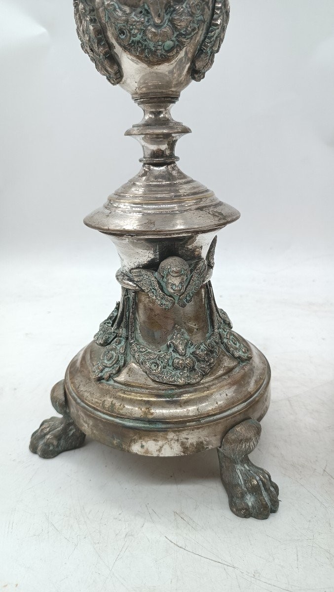 Coppia di candelieri in bronzo argentato stile impero primi 800 h.70 cm-photo-3