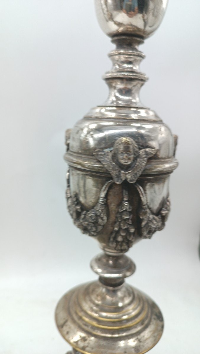 Coppia di candelieri in bronzo argentato stile impero primi 800 h.70 cm-photo-4