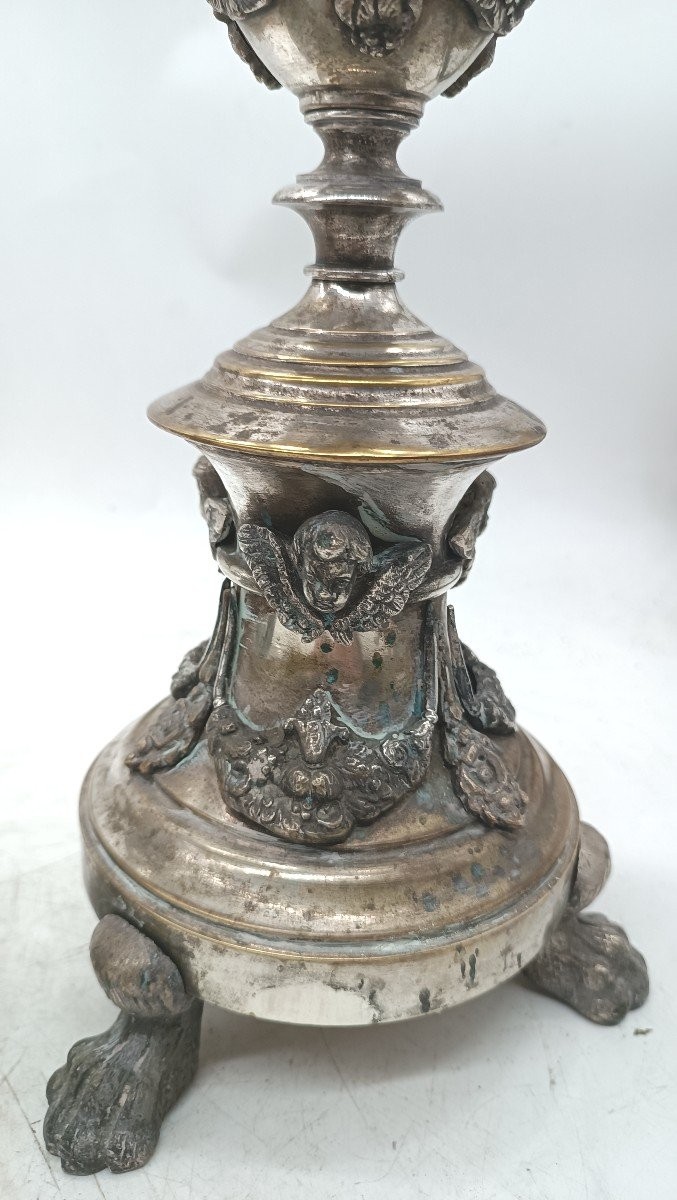 Coppia di candelieri in bronzo argentato stile impero primi 800 h.70 cm-photo-1