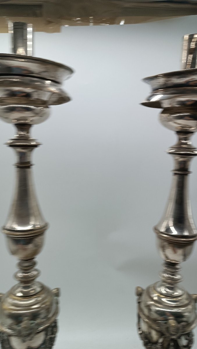 Coppia di candelieri in bronzo argentato stile impero primi 800 h.70 cm-photo-3