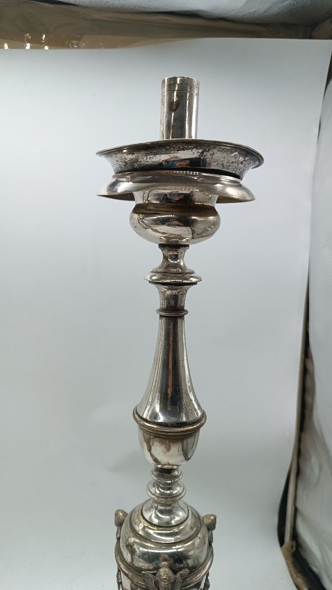 Coppia di candelieri in bronzo argentato stile impero primi 800 h.70 cm-photo-4
