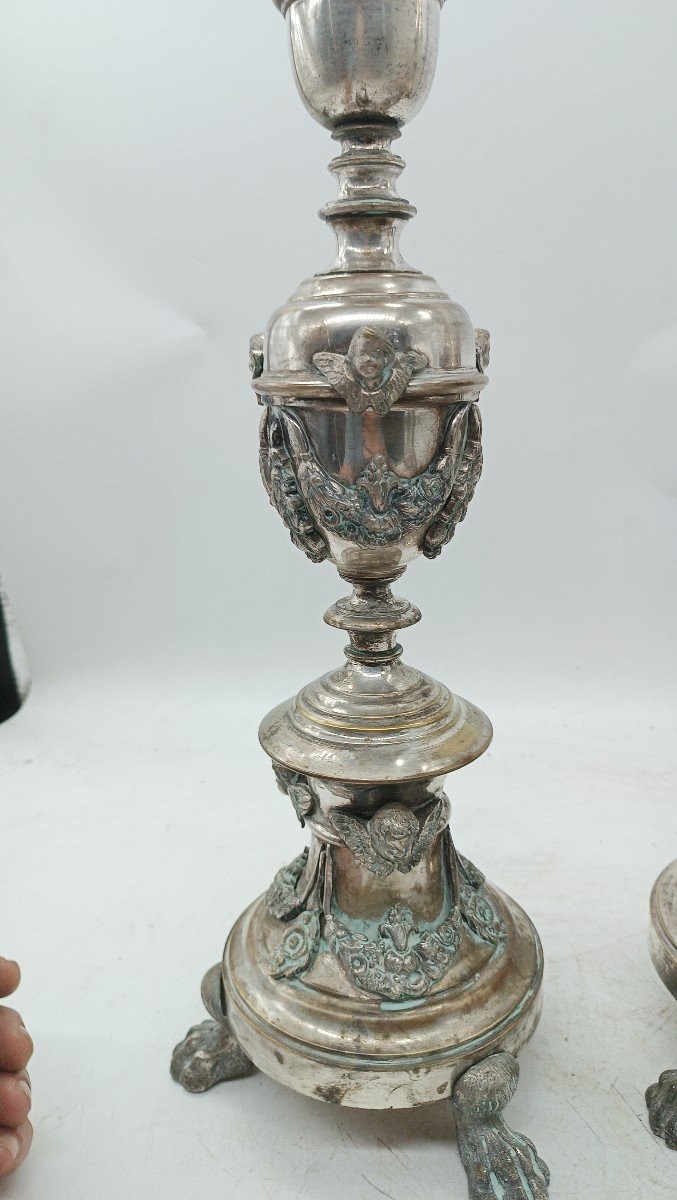 Coppia di candelieri in bronzo argentato stile impero primi 800 h.70 cm-photo-5