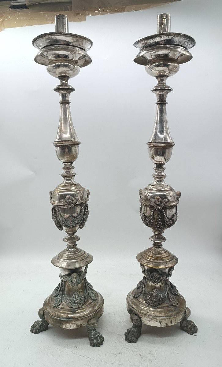 Coppia di candelieri in bronzo argentato stile impero primi 800 h.70 cm