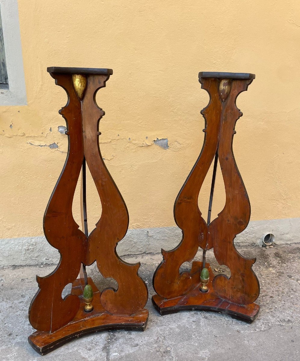 Grande coppia di candelieri , basi , treppiedi in legno dipinto , di fine '700 primi 800 -photo-2