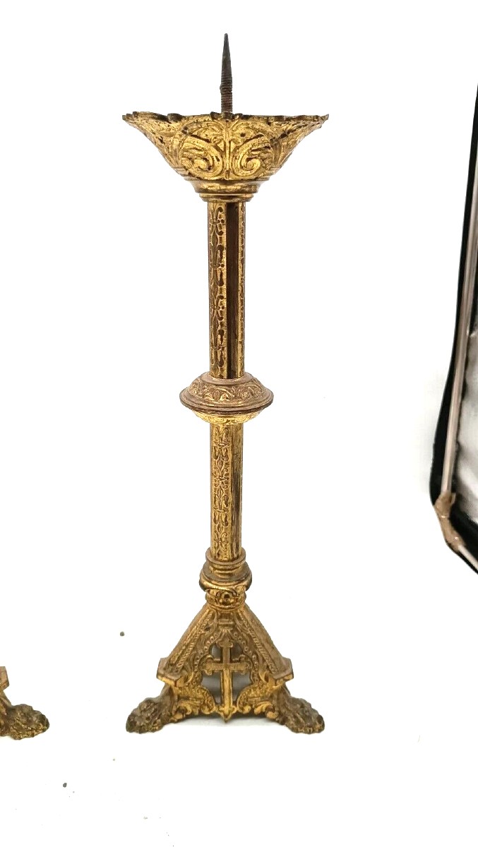 coppia candelieri in bronzo dorato stile neogotico XIX secolo 35 cm-photo-3