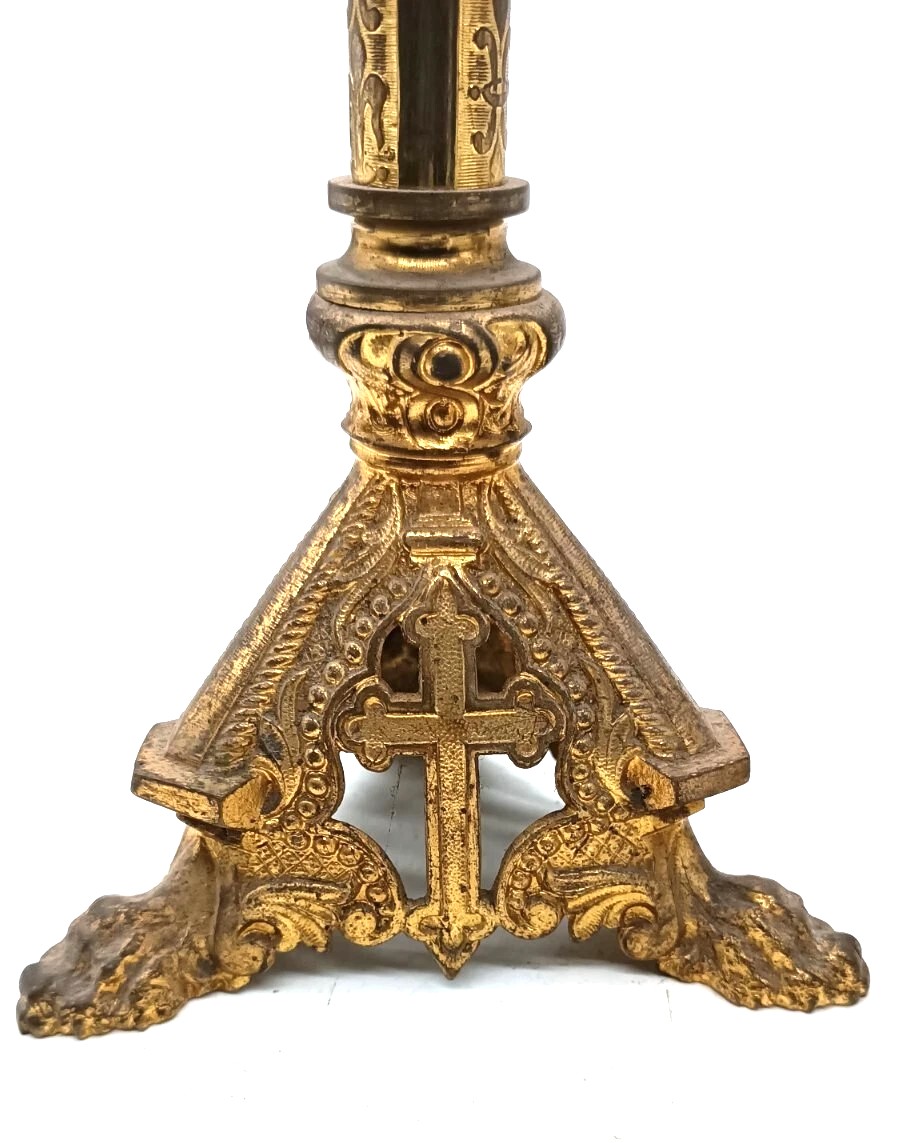 coppia candelieri in bronzo dorato stile neogotico XIX secolo 35 cm-photo-4