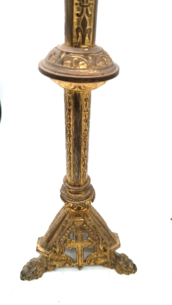 coppia candelieri in bronzo dorato stile neogotico XIX secolo 35 cm-photo-1