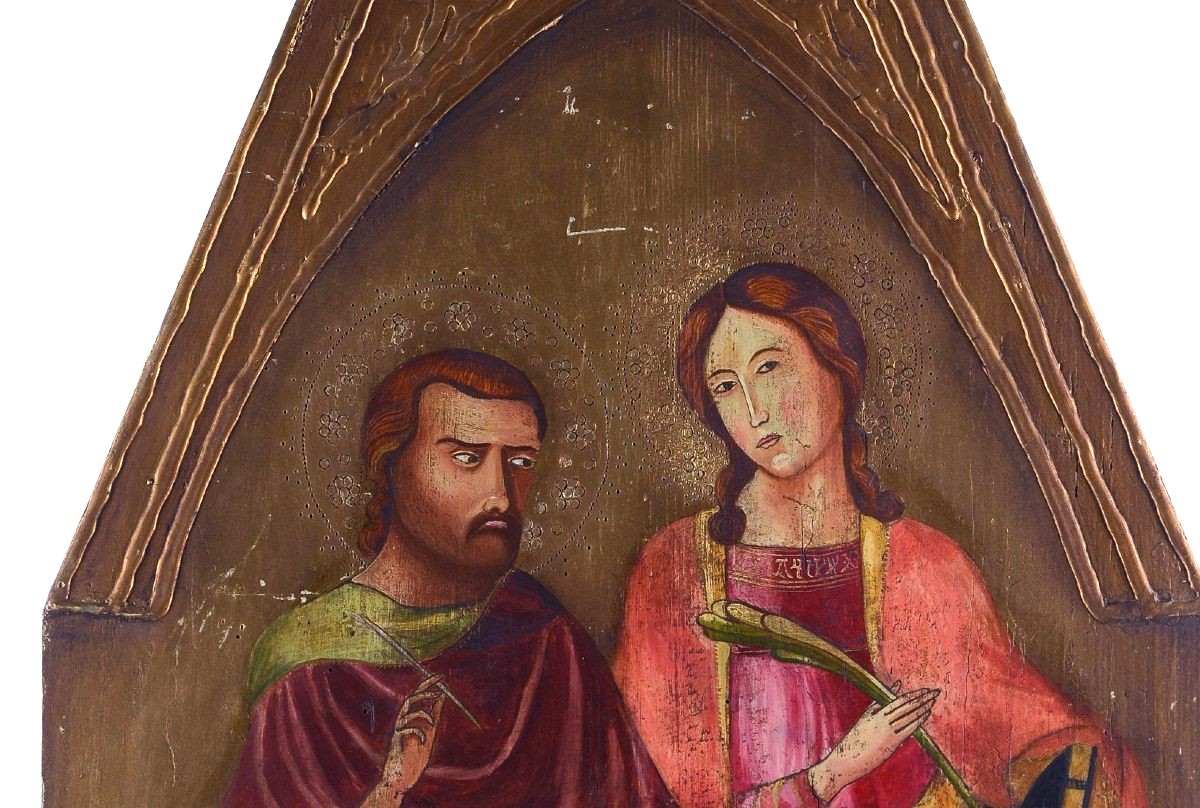  Antico dipinto a tempera su tavola con santi, epoca '800 h.133 cm-photo-3