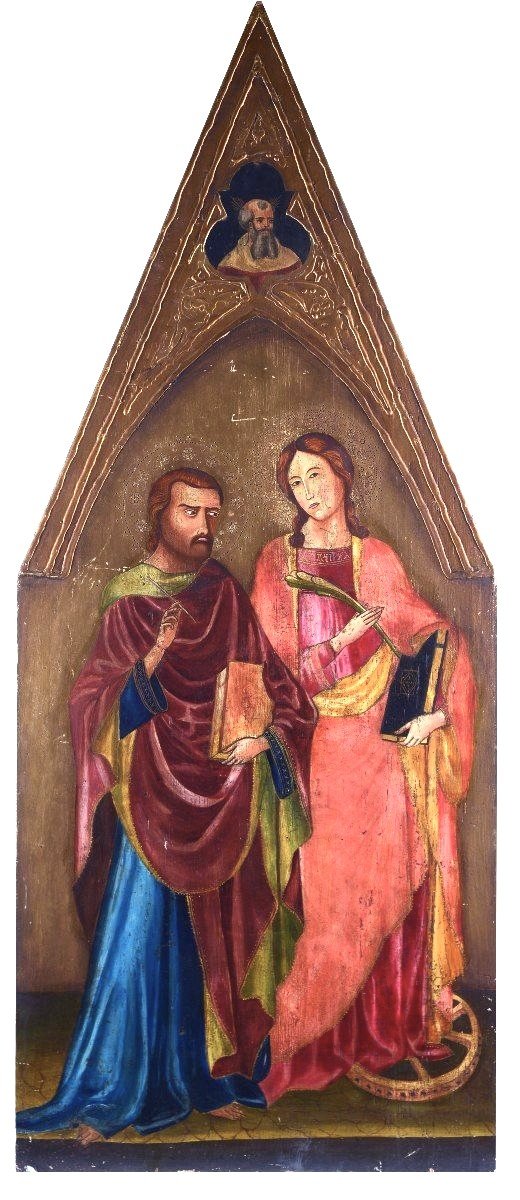  Antico dipinto a tempera su tavola con santi, epoca '800 h.133 cm
