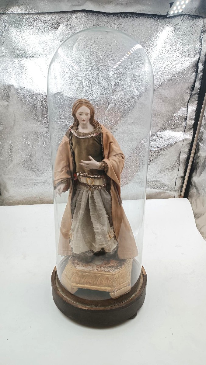Antica scultura Madonna o Santa Agata entro campana vetro-photo-2