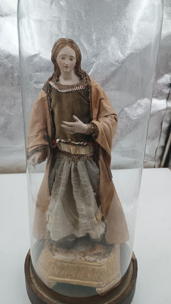 Antica scultura Madonna o Santa Agata entro campana vetro