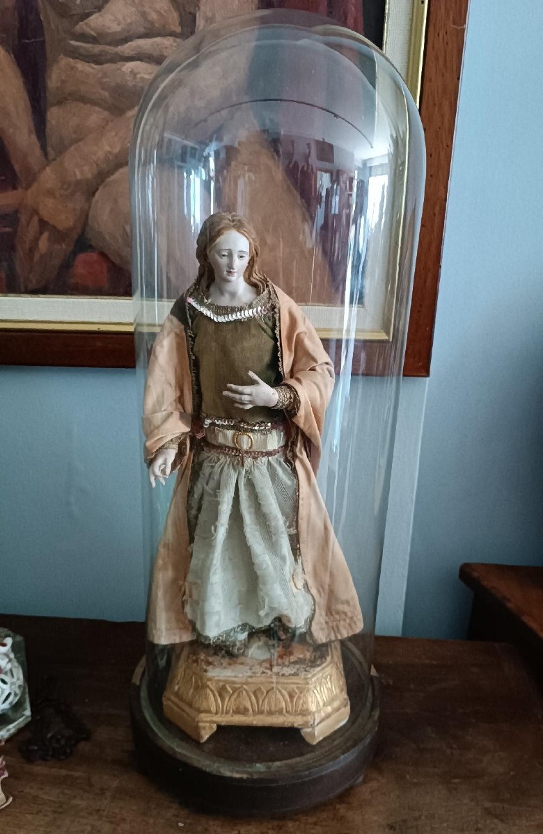 Antica scultura Madonna o Santa Agata entro campana vetro