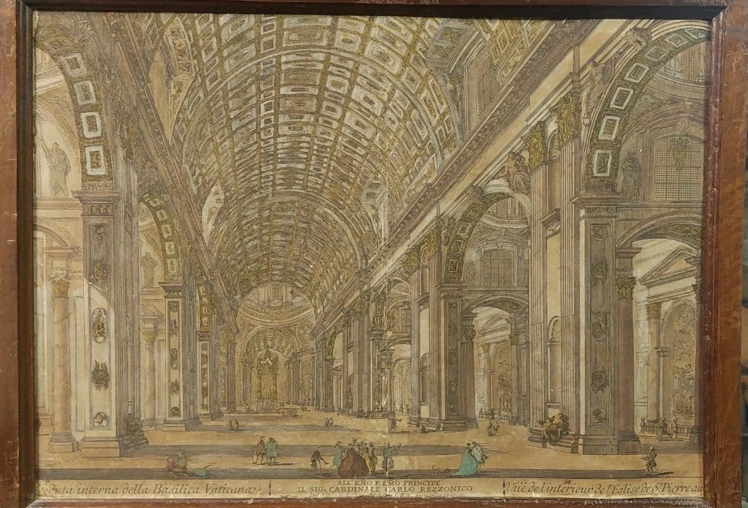 Incisione Acquerellata Interno Della Basilica Di S.Pietro XVIII secolo D.Montagu-photo-2