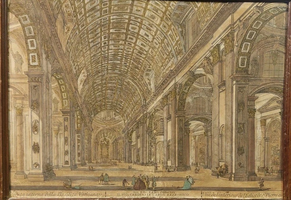 Incisione Acquerellata Interno Della Basilica Di S.Pietro XVIII secolo D.Montagu-photo-3