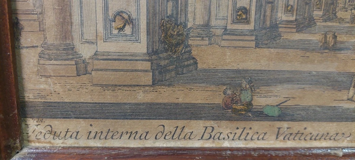 Incisione Acquerellata Interno Della Basilica Di S.Pietro XVIII secolo D.Montagu-photo-4