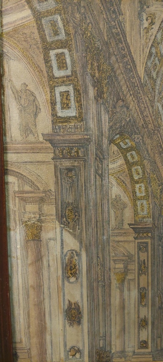 Incisione Acquerellata Interno Della Basilica Di S.Pietro XVIII secolo D.Montagu-photo-4