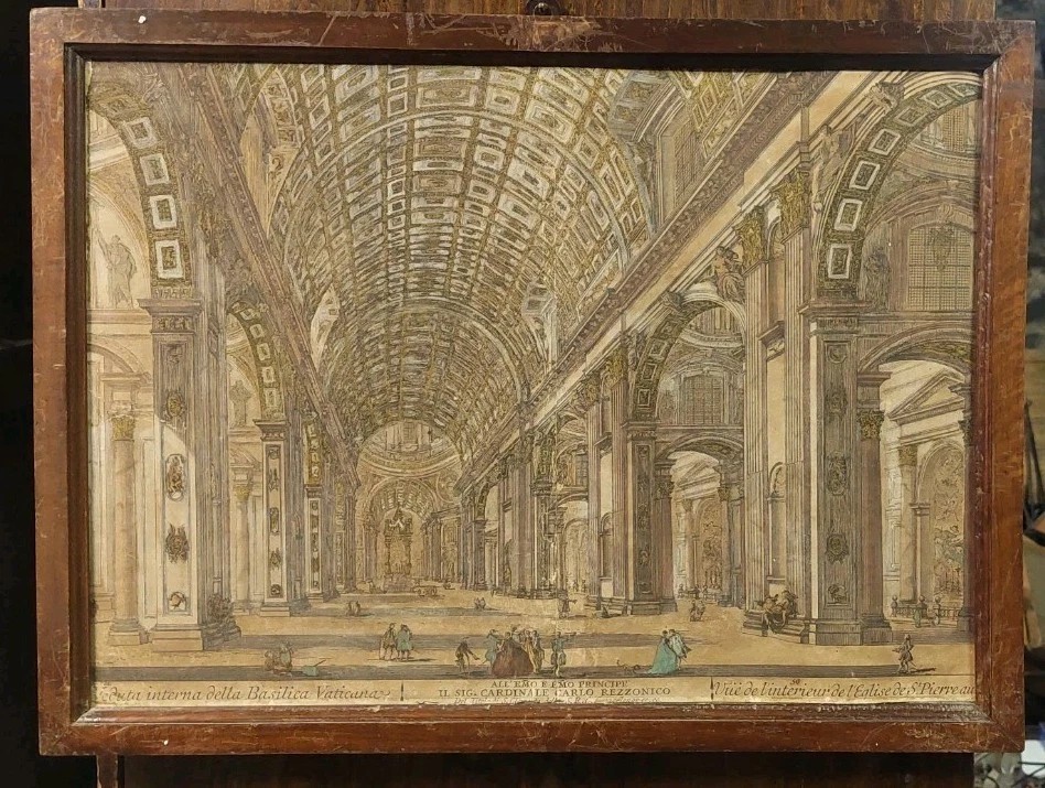 Incisione Acquerellata Interno Della Basilica Di S.Pietro XVIII secolo D.Montagu