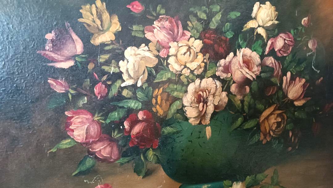 Grande dipinto olio su tela -Vaso con fiori -natura morta -fine 800 Italia-photo-1