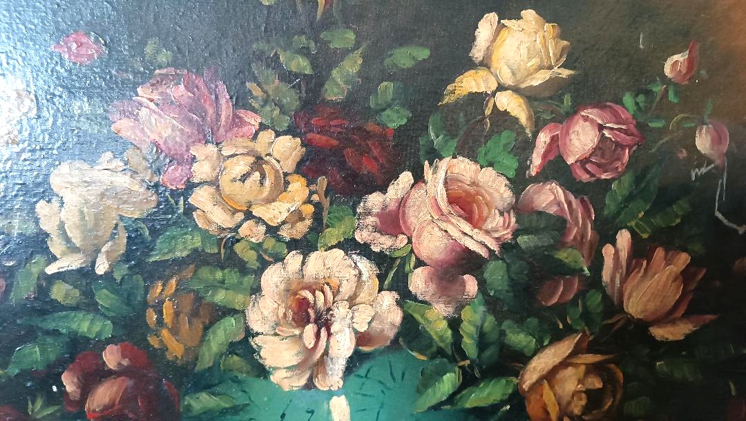 Grande dipinto olio su tela -Vaso con fiori -natura morta -fine 800 Italia-photo-2