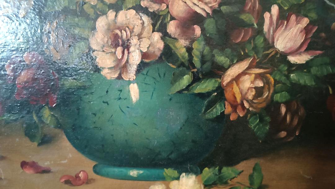Grande dipinto olio su tela -Vaso con fiori -natura morta -fine 800 Italia-photo-5