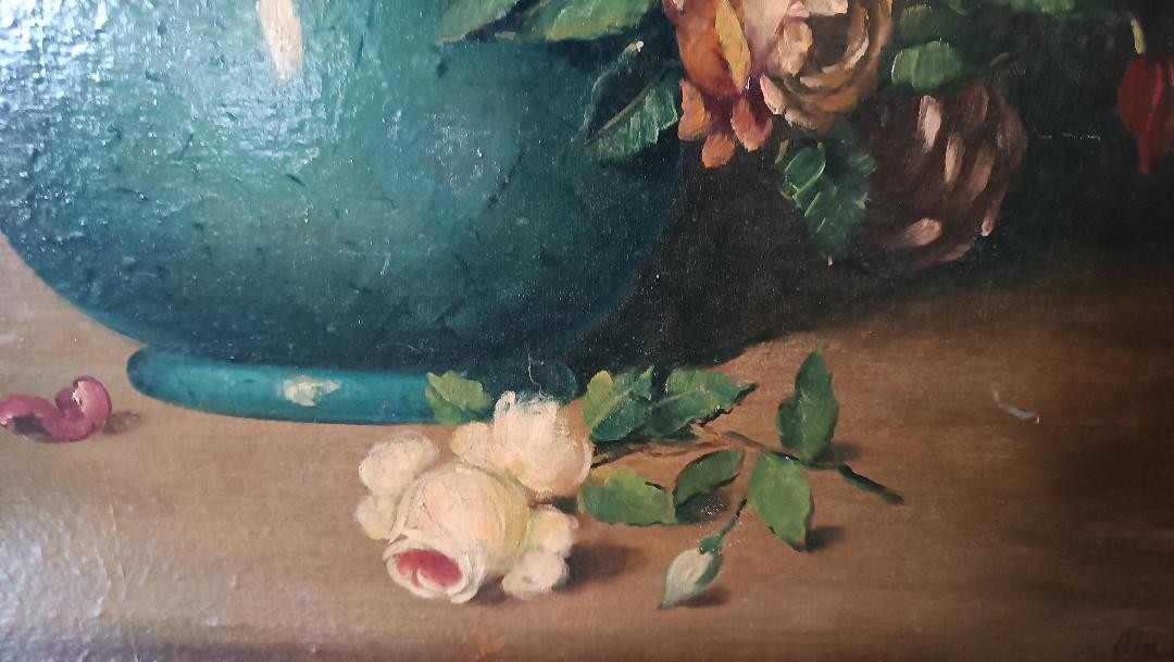 Grande dipinto olio su tela -Vaso con fiori -natura morta -fine 800 Italia-photo-6