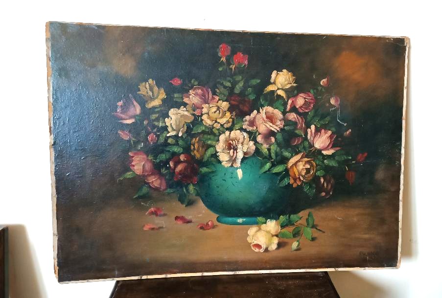 Grande dipinto olio su tela -Vaso con fiori -natura morta -fine 800 Italia