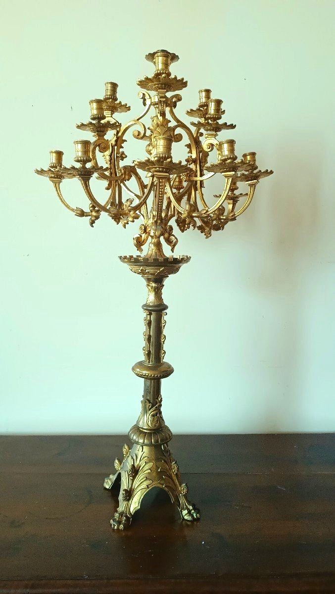 Grande candeliere in bronzo dorato al mercurio,15 luci, seconda meta' XIX secolo
