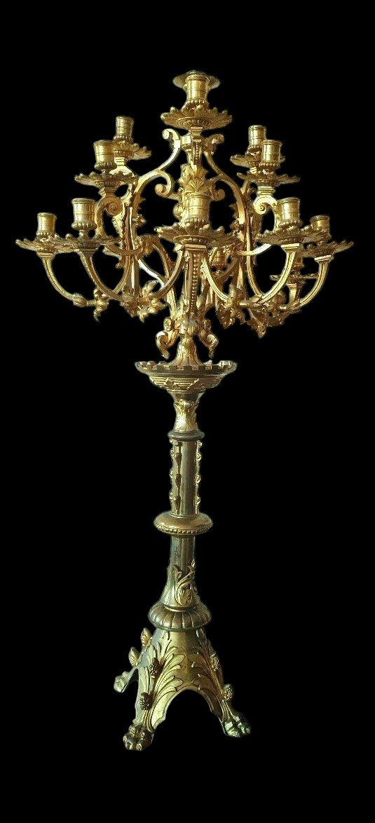 Grande candeliere in bronzo dorato al mercurio,15 luci, seconda meta' XIX secolo