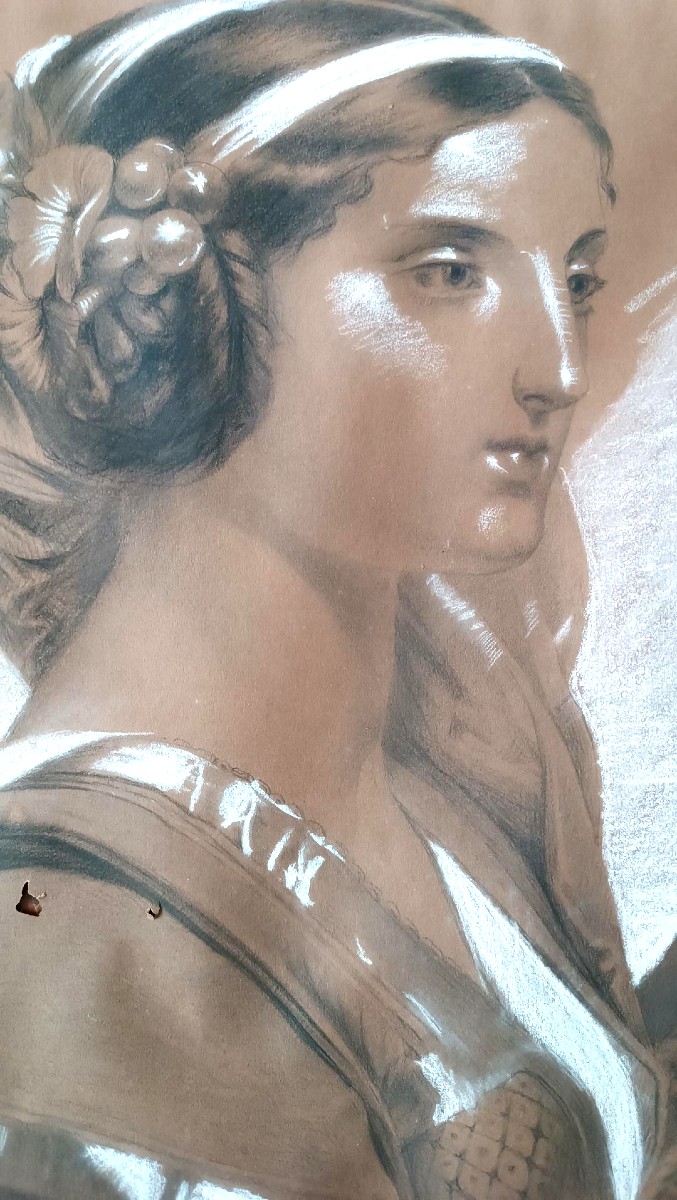Ritratto femminile disegno carboncino biacca matita firmato Borsa fine 800 - 60 cm x 42 cm-photo-2