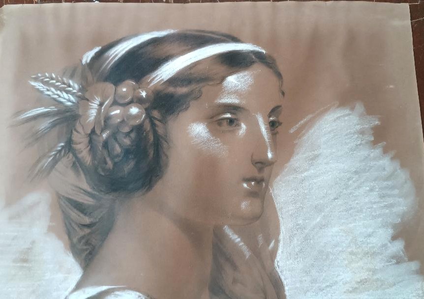 Ritratto femminile disegno carboncino biacca matita firmato Borsa fine 800 - 60 cm x 42 cm-photo-4