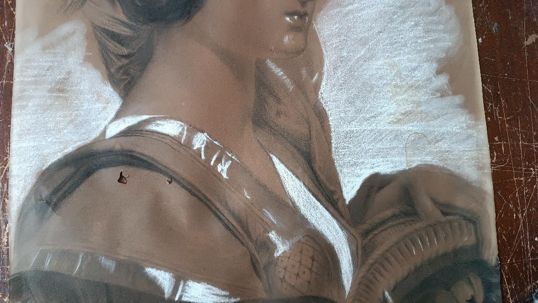 Ritratto femminile disegno carboncino biacca matita firmato Borsa fine 800 - 60 cm x 42 cm-photo-3