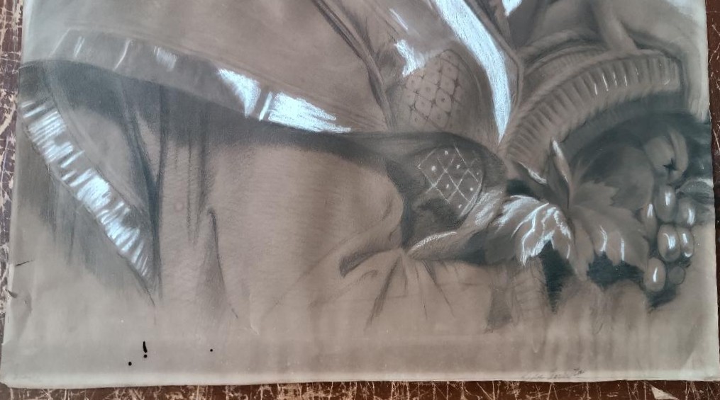 Ritratto femminile disegno carboncino biacca matita firmato Borsa fine 800 - 60 cm x 42 cm-photo-4