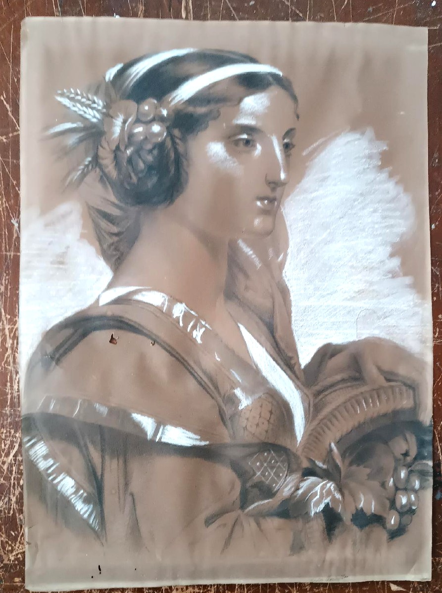 Ritratto femminile disegno carboncino biacca matita firmato Borsa fine 800 - 60 cm x 42 cm-photo-8