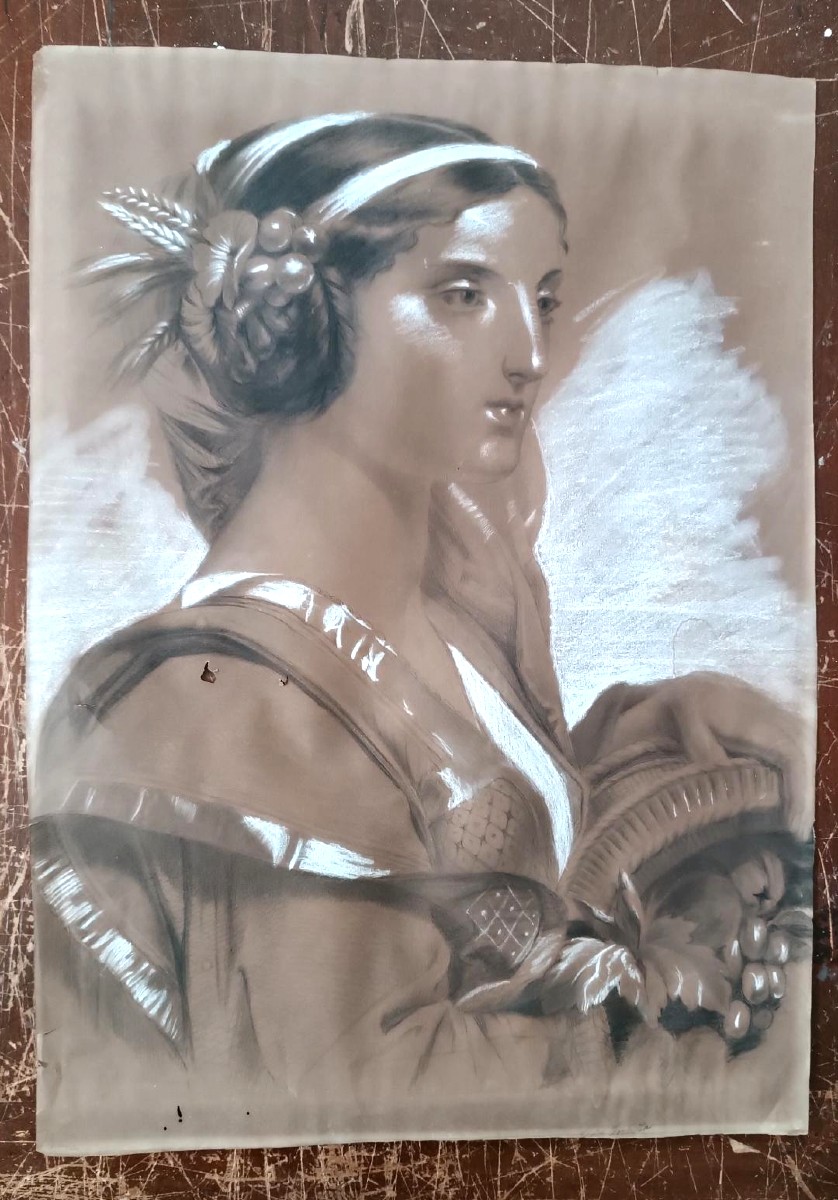 Ritratto femminile disegno carboncino biacca matita firmato Borsa fine 800 - 60 cm x 42 cm