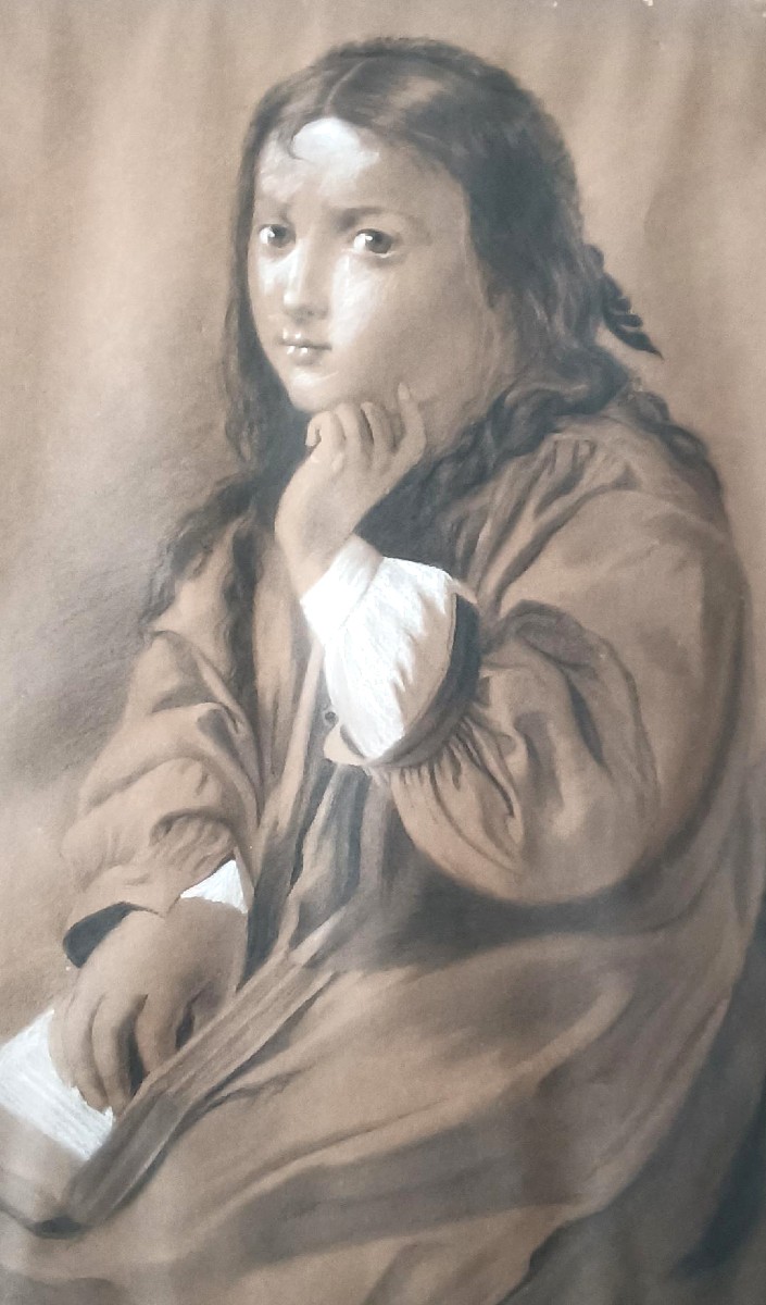 Ritratto femminile disegno carboncino biacca matita firmato Borsa fine 800 - 60 cm x 42 cm-photo-2