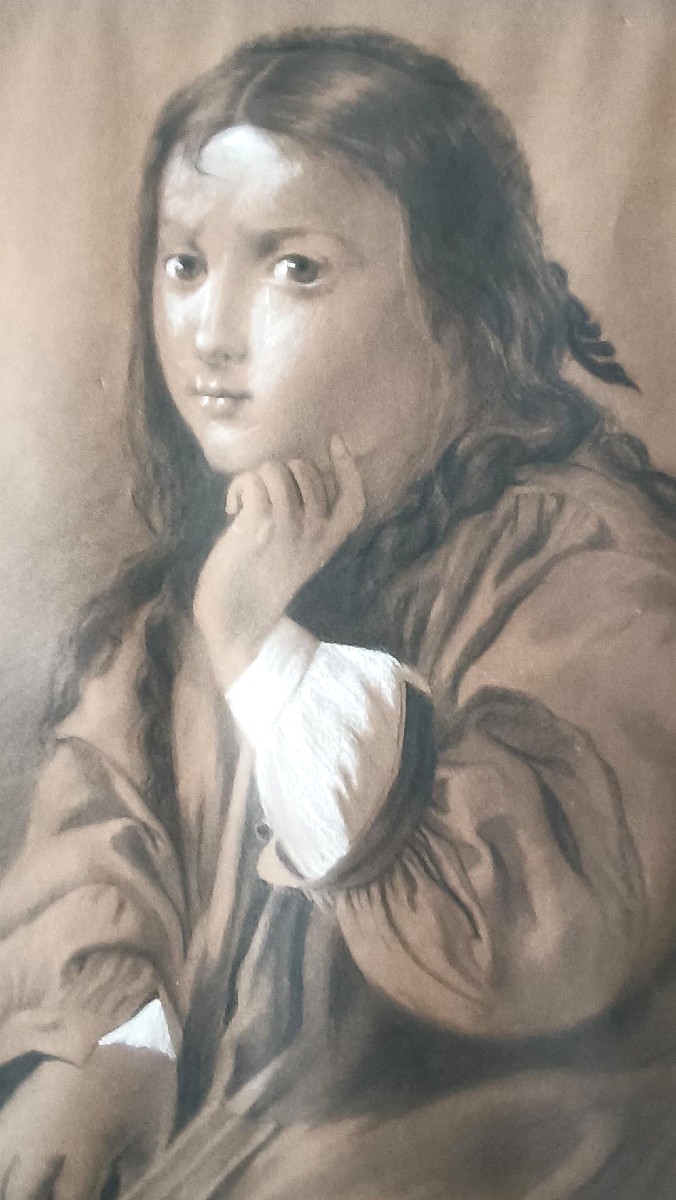 Ritratto femminile disegno carboncino biacca matita firmato Borsa fine 800 - 60 cm x 42 cm-photo-4