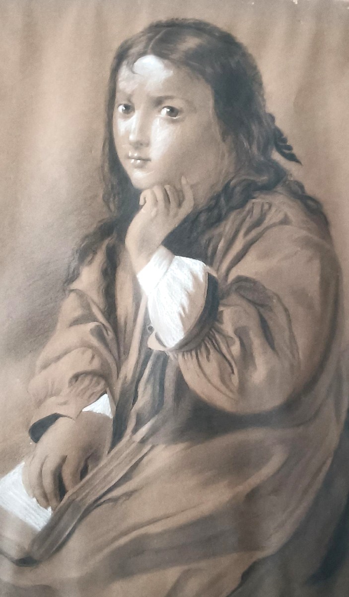 Ritratto femminile disegno carboncino biacca matita firmato Borsa fine 800 - 60 cm x 42 cm-photo-5