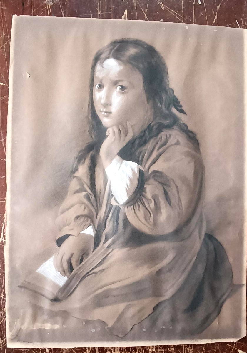 Ritratto femminile disegno carboncino biacca matita firmato Borsa fine 800 - 60 cm x 42 cm