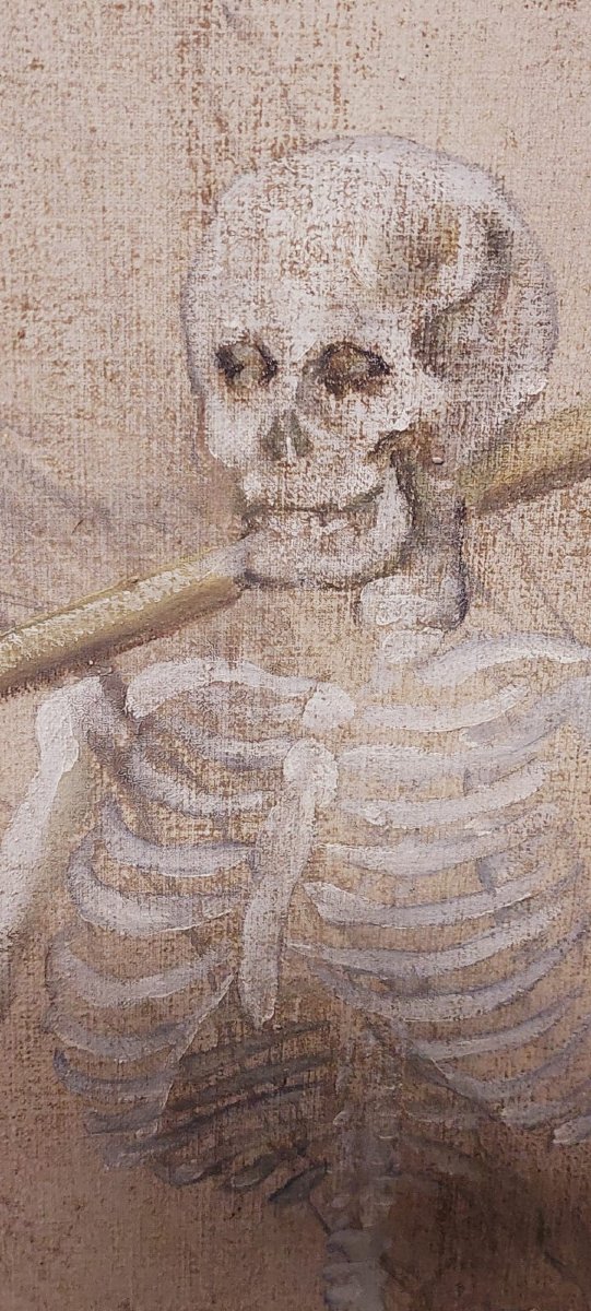 Memento Mori Scheletro grande dipinto a tempera su tela XVIII secolo .Italia-photo-3